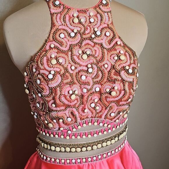 NWT Rachel Allan Neon Coral Beaded Halter A Line Backless Formal Gown 8 - Picture 3 of 15